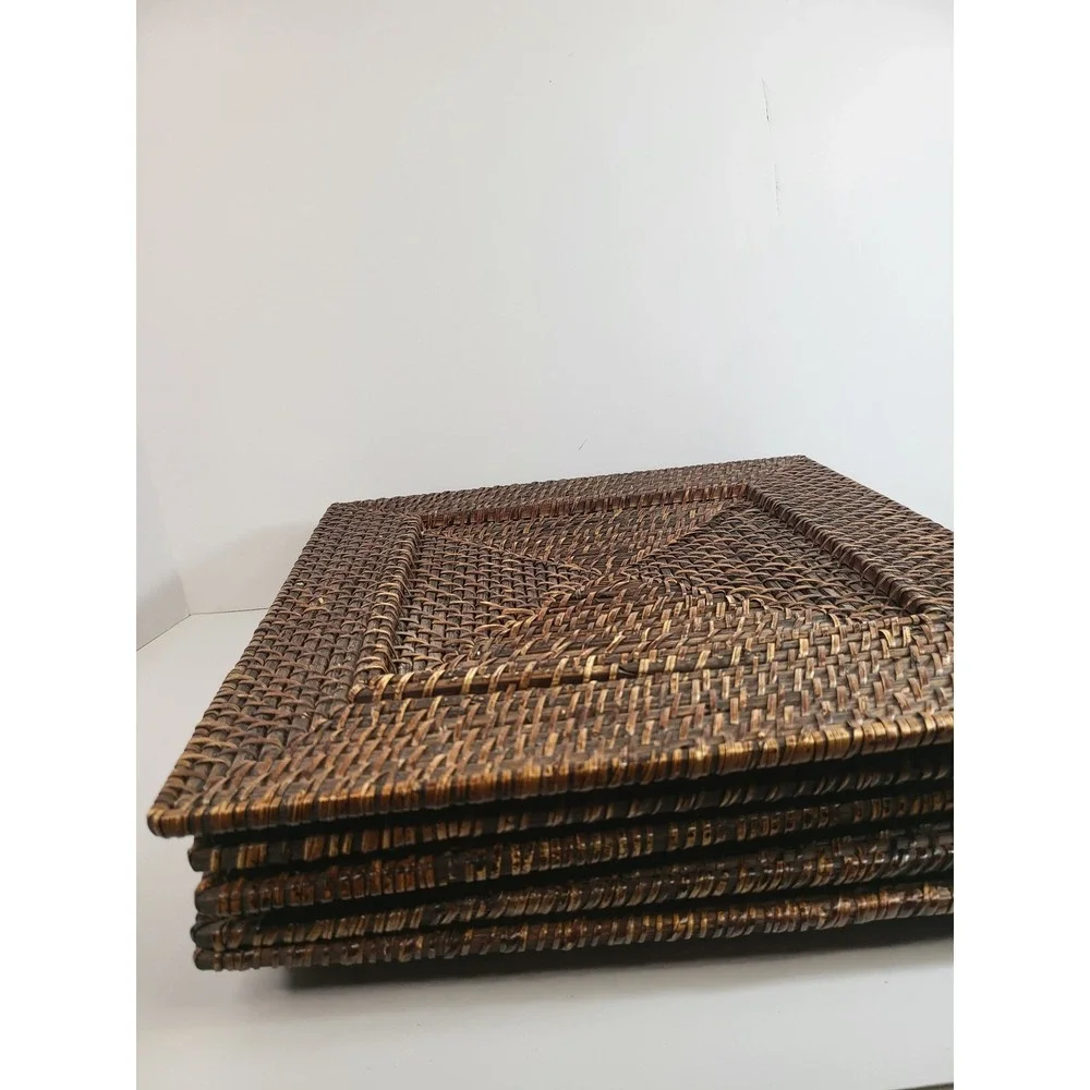 Set of 6 Vintage Woven Rattan Charger Plates 13in Square Dark Brown Wicker Boho